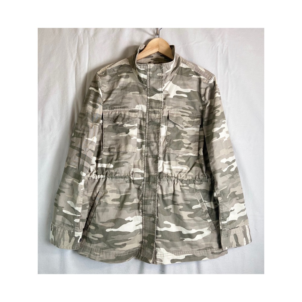 Style & Co Womens Camo Utility Jacket Green Tan Full Zip Drawstring Waist L